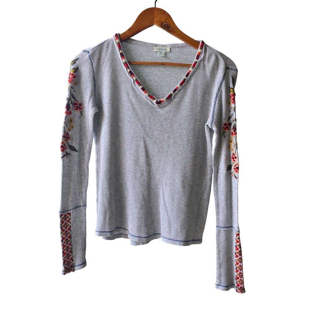 Sundance Embroidered Ribbed Sweater Gray Size XS